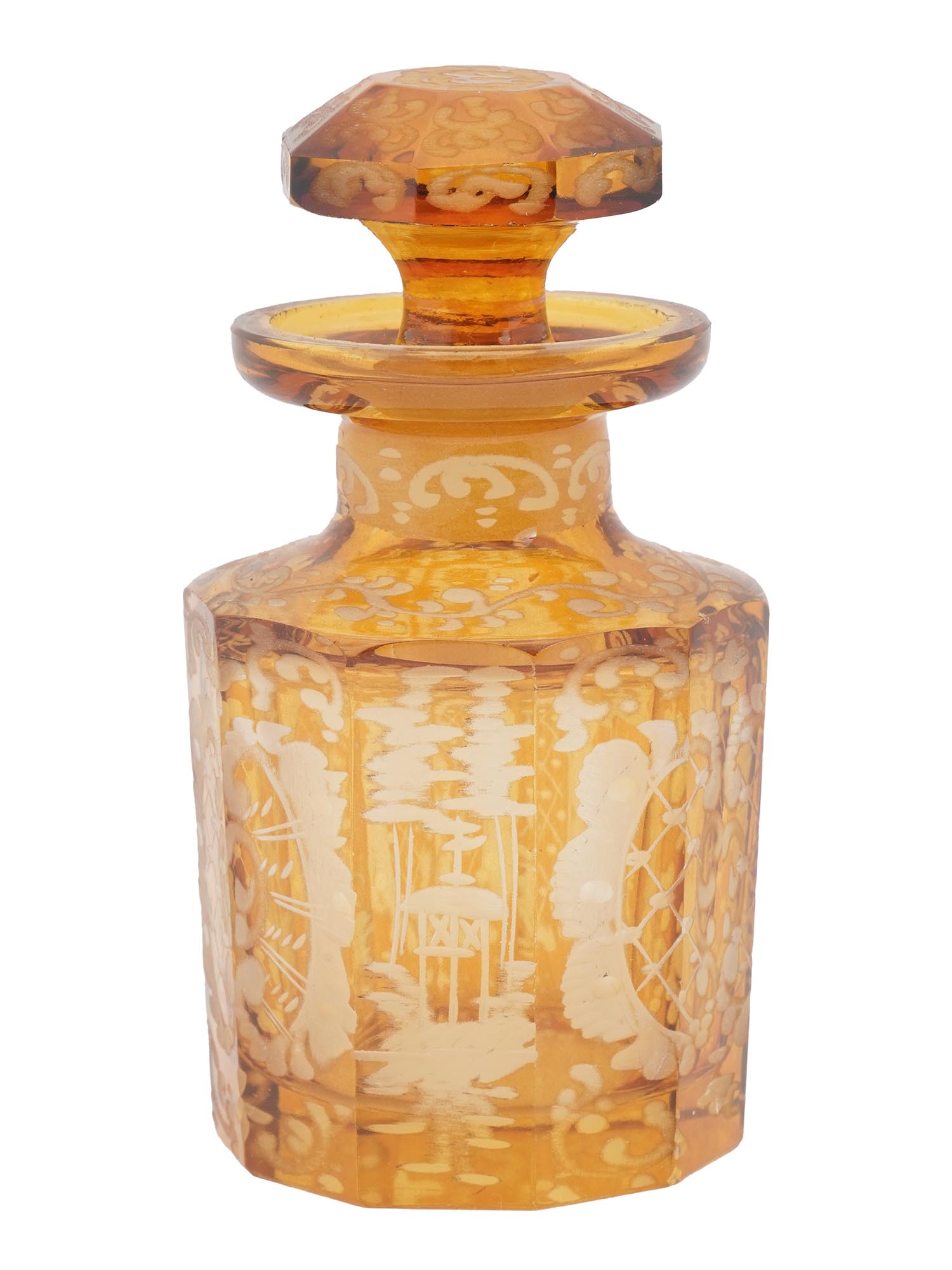 BOHEMIAN AMBER ETCHED GLASS BOTTLE WITH STOPPER PIC-2